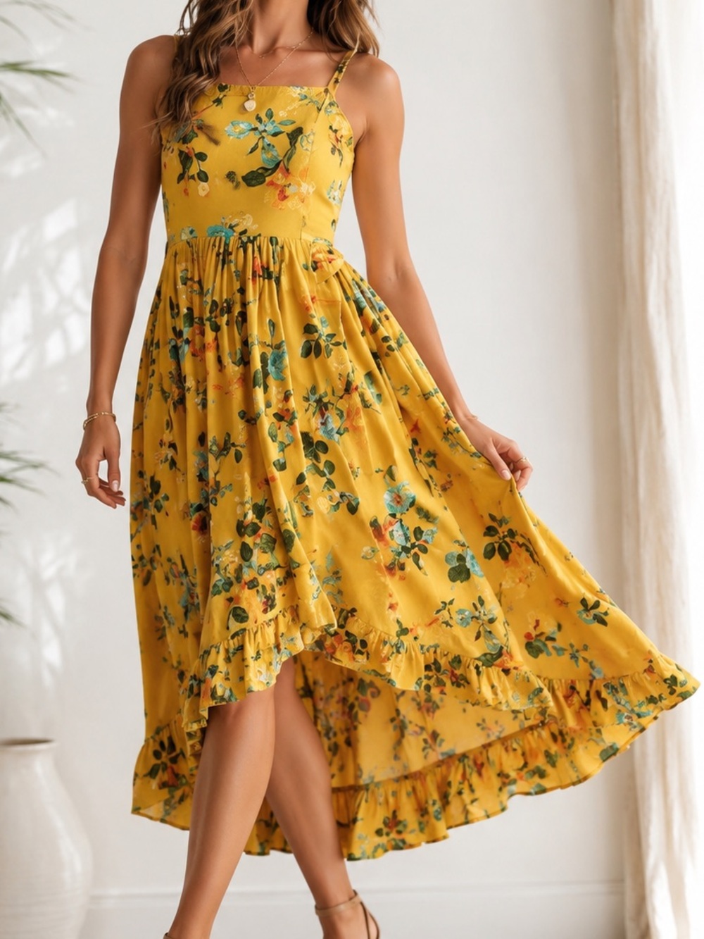 Anthropologie Maeve Floral High Low Midi Dress Yellow Boho Wedding Guest Sz 8